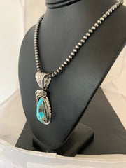Men's Kingman Turquoise Pendant Navajo Pearls Necklace | Sterling Silver | Authentic Native American Handmade | 04301