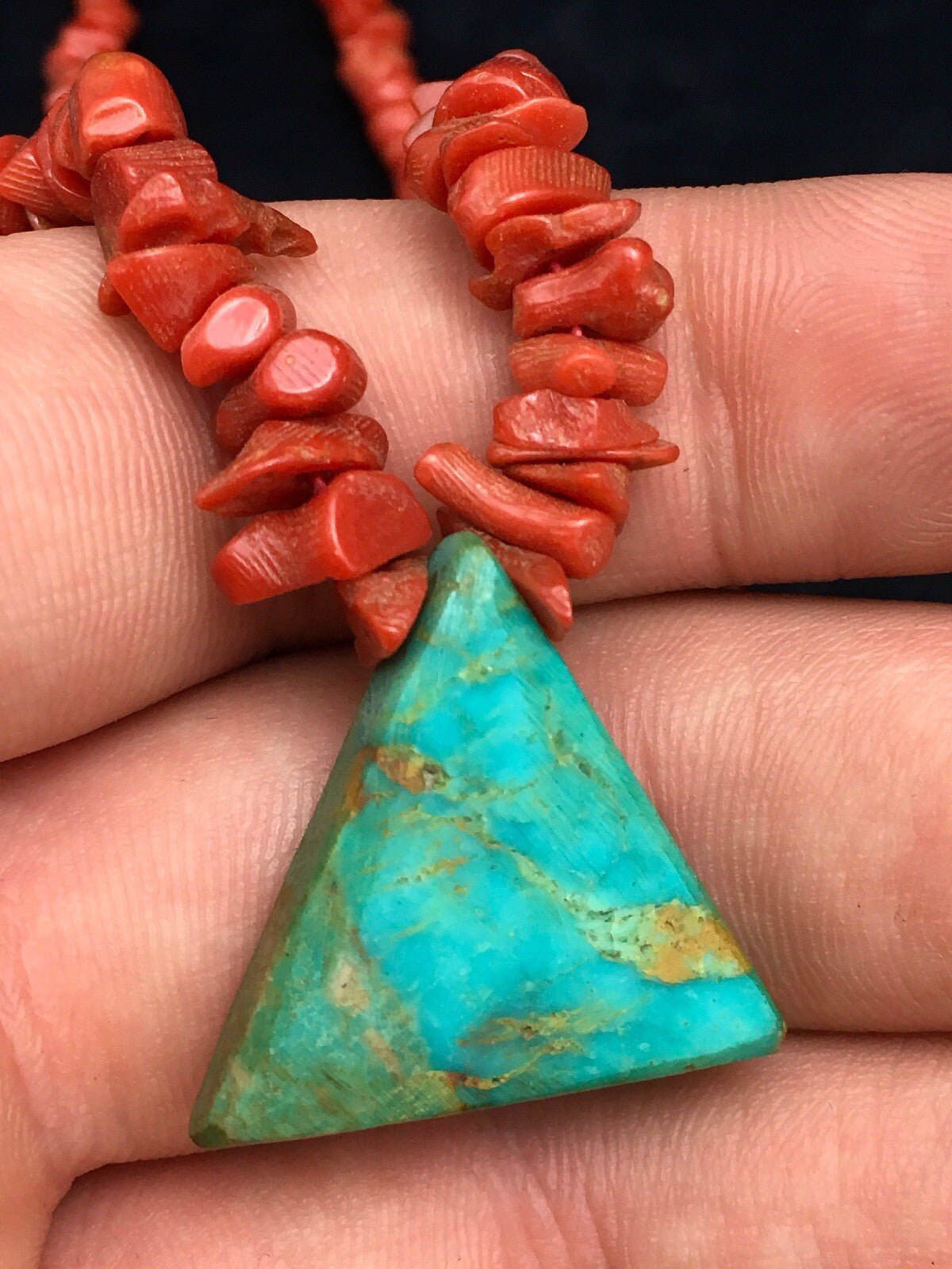 Kingman Turquoise Pendant Coral Sterling Silver Old Pawn Necklace 19" 4008