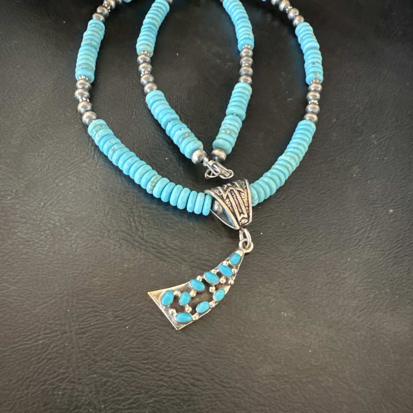 Blue Turquoise Cluster Pendant Navajo Sterling Silver Necklace 20" 19715