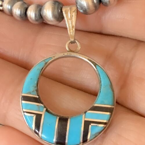 Blue Turquoise Inlay Pendant Navajo Pearls Sterling Silver Necklace 12615