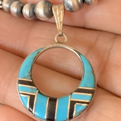 Blue Turquoise Inlay Pendant Navajo Pearls Sterling Silver Necklace 12615