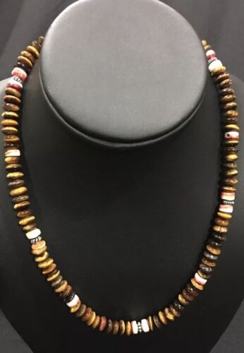 Mens Tiger Eye & Spiny Oyster Navajo Pearls Sterling Silver Necklace 19” 03340