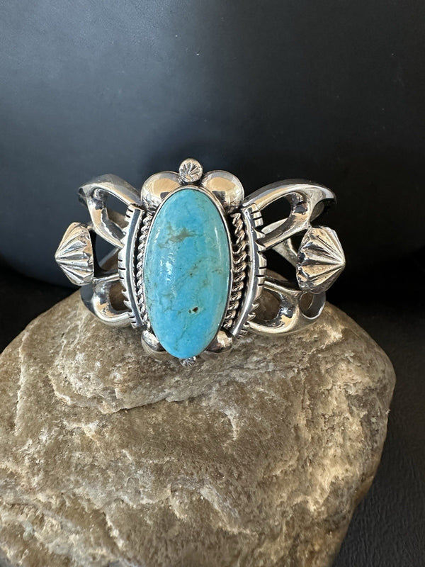 Women's Tufa Kingman Turquoise Navajo Cuff Bracelet 7.1" | Sterling Silver | Authentic Native American Handmade | 19453