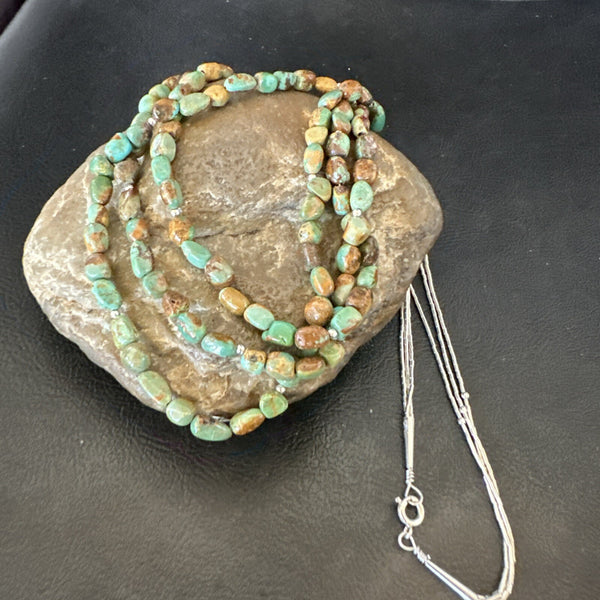 Beads Heishi Green Turquoise 3 Strands Necklace | Sterling Silver | Authentic Native American Handmade | 18821