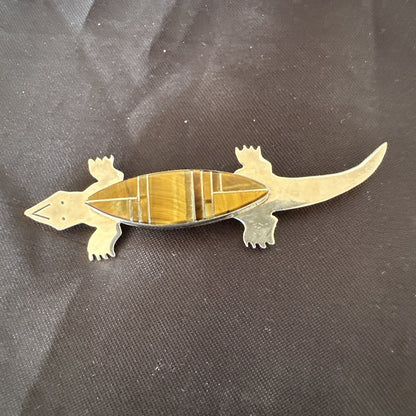 Coffee Brown Tigers Eye Navajo Gecko Sterling Silver Inlay Lizard Pin 3� 17950