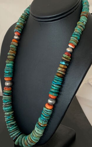 Navajo Pearls Graduated Turquoise Necklace Sterling Silver 23" 480