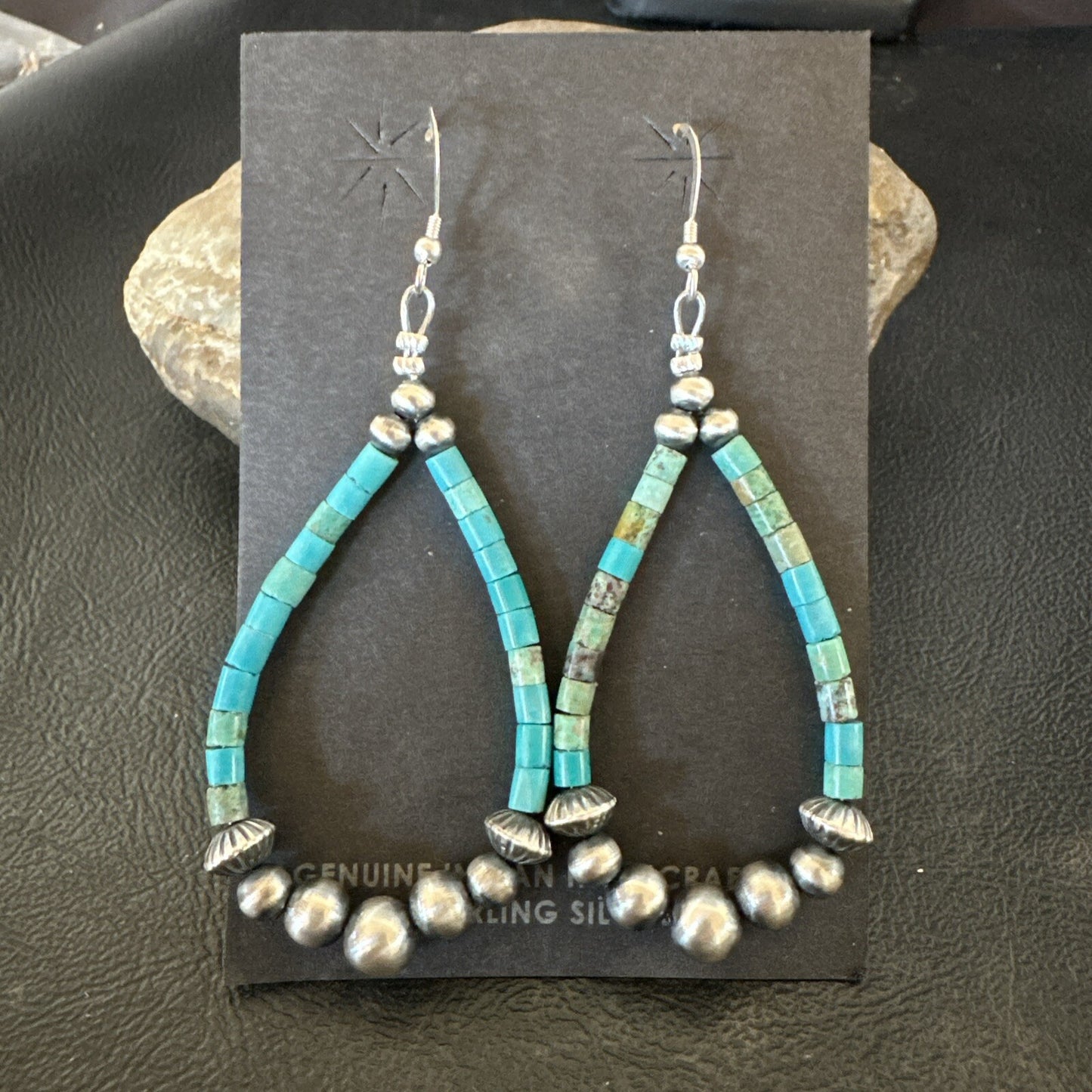 Blue Turquoise Heishi Sterling Silver Beads Navajo Beads Earrings 2" 17873