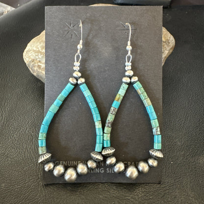 Blue Turquoise Heishi Sterling Silver Beads Navajo Beads Earrings 2" 17873