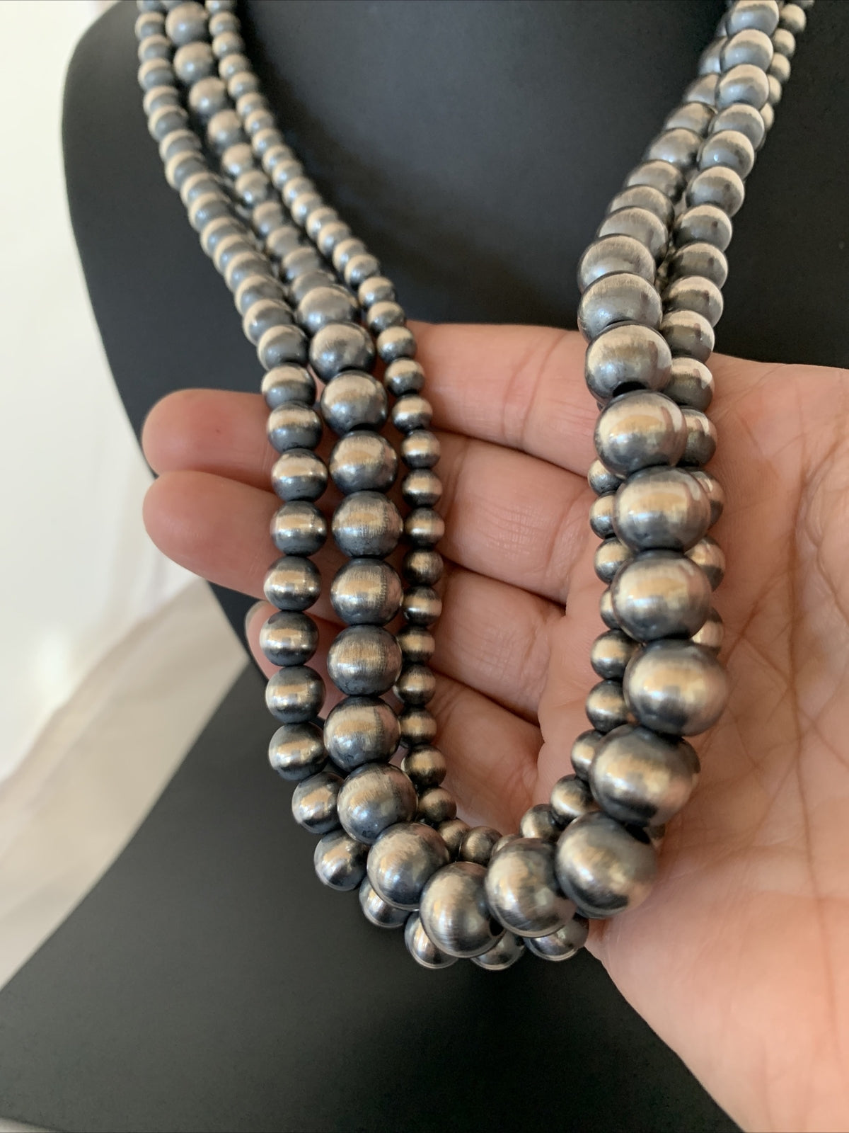 Native American Navajo Pearls Graduated 3 Strands Sterling Silver Necklace 25”