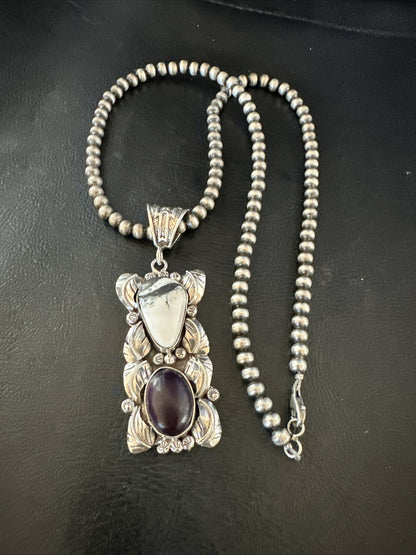 White Buffalo Turquoise  Purple Stone Pendant Navajo Sterling Silver 18036