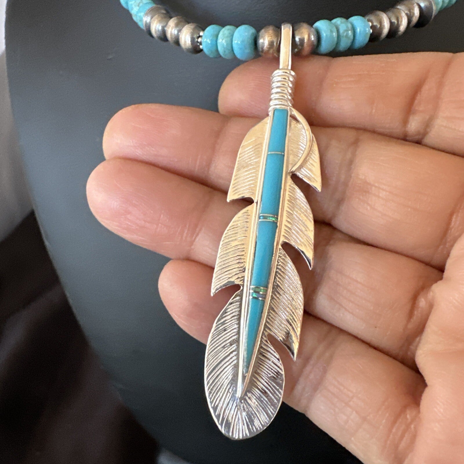 Mens Feather Turquoise Pendant Navajo Sterling Silver Necklace 18668