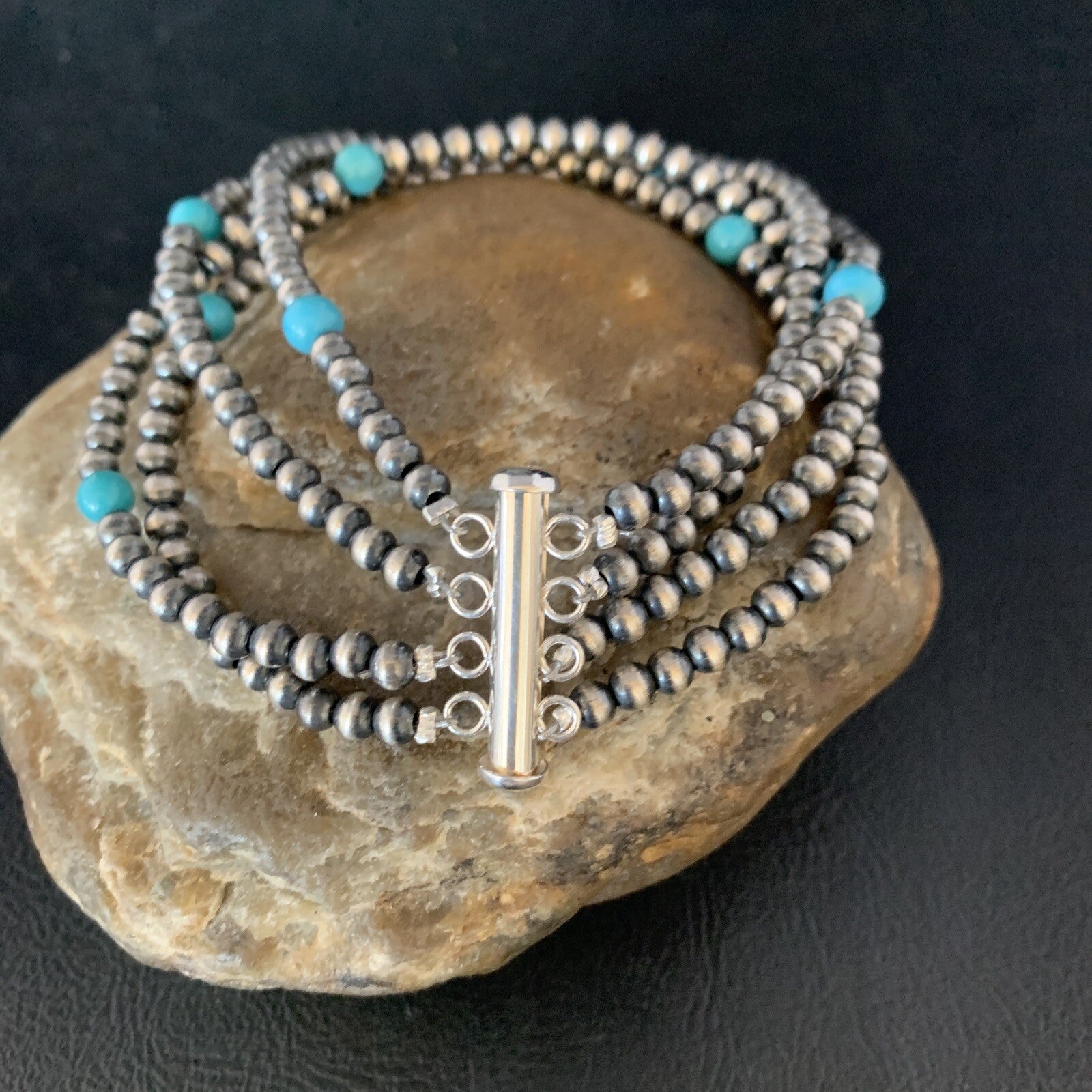 Native Navajo Sterling Silver Beads Blue Turquoise Bracelet 4 Strands 13587