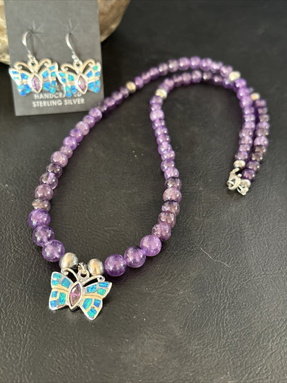 Butterfly Navajo Purple Amethyst Opal Sterling Silver Necklace Earrings 15299