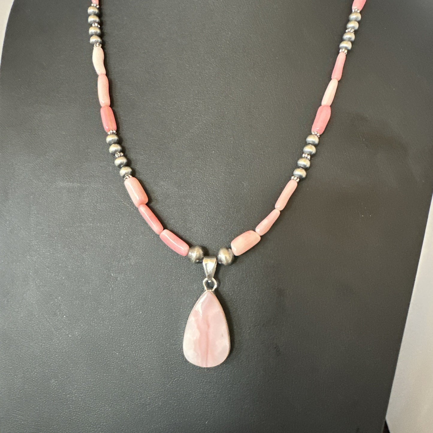 Southwestern Sterling Silver Pink Coral Bead Necklace Quartz Pendant 24" 19590