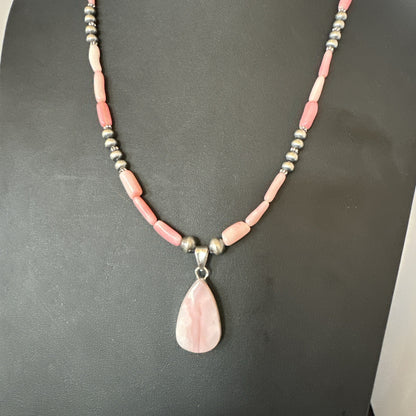 Southwestern Sterling Silver Pink Coral Bead Necklace Quartz Pendant 24" 19590