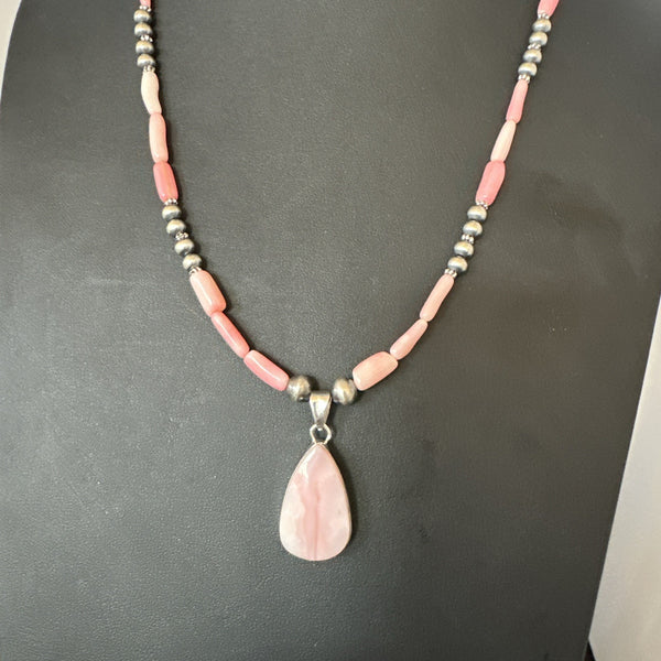 Southwestern Pink Coral Bead Necklace Quartz Pendant 24" | Sterling Silver | Authentic Native American Handmade | 19590