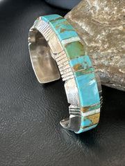 Blue Turquoise Opal Navajo Cuff Inlay Bracelet | Sterling Silver | Authentic Native American Handmade | 17958