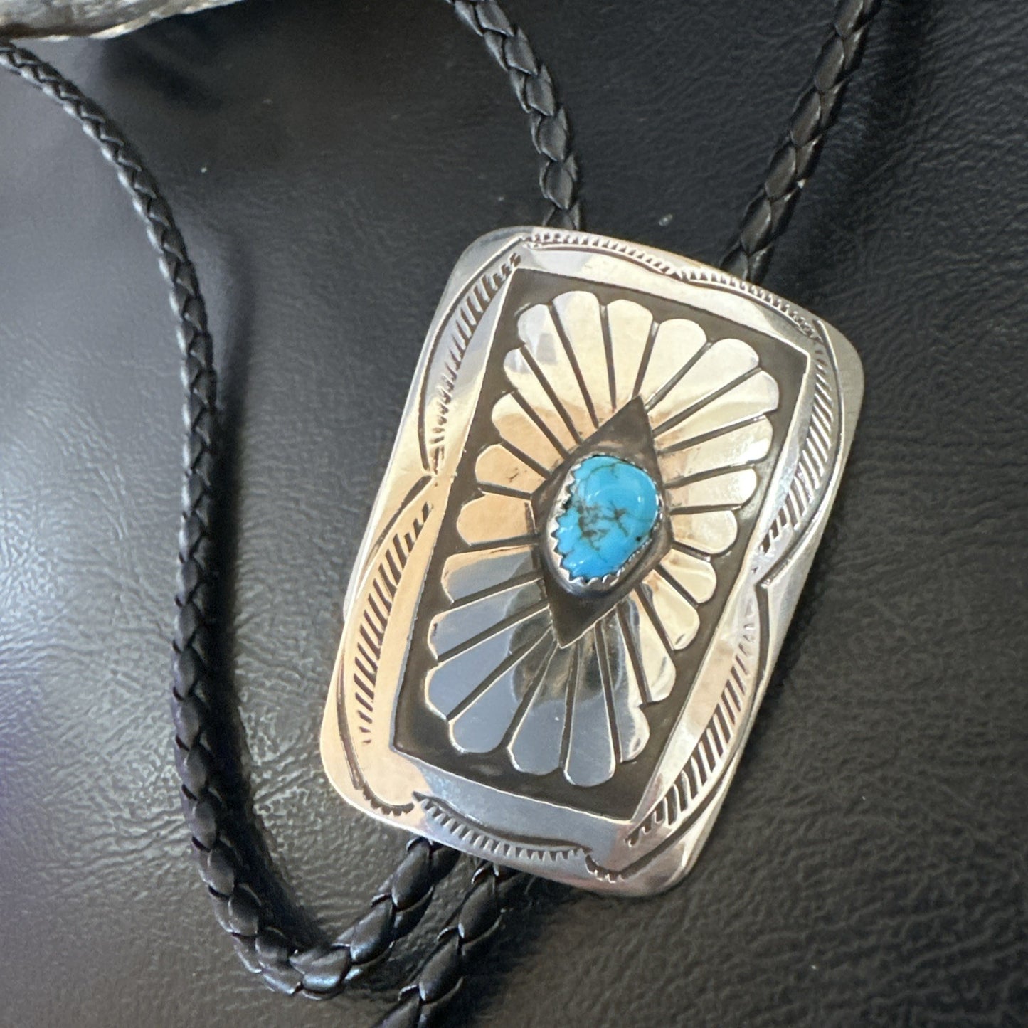 Mens Blue Kingman Turquoise Stamped Navajo Sterling Silver Bolo Tie 2” 19302