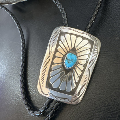 Mens Blue Kingman Turquoise Stamped Navajo Sterling Silver Bolo Tie 2” 19302