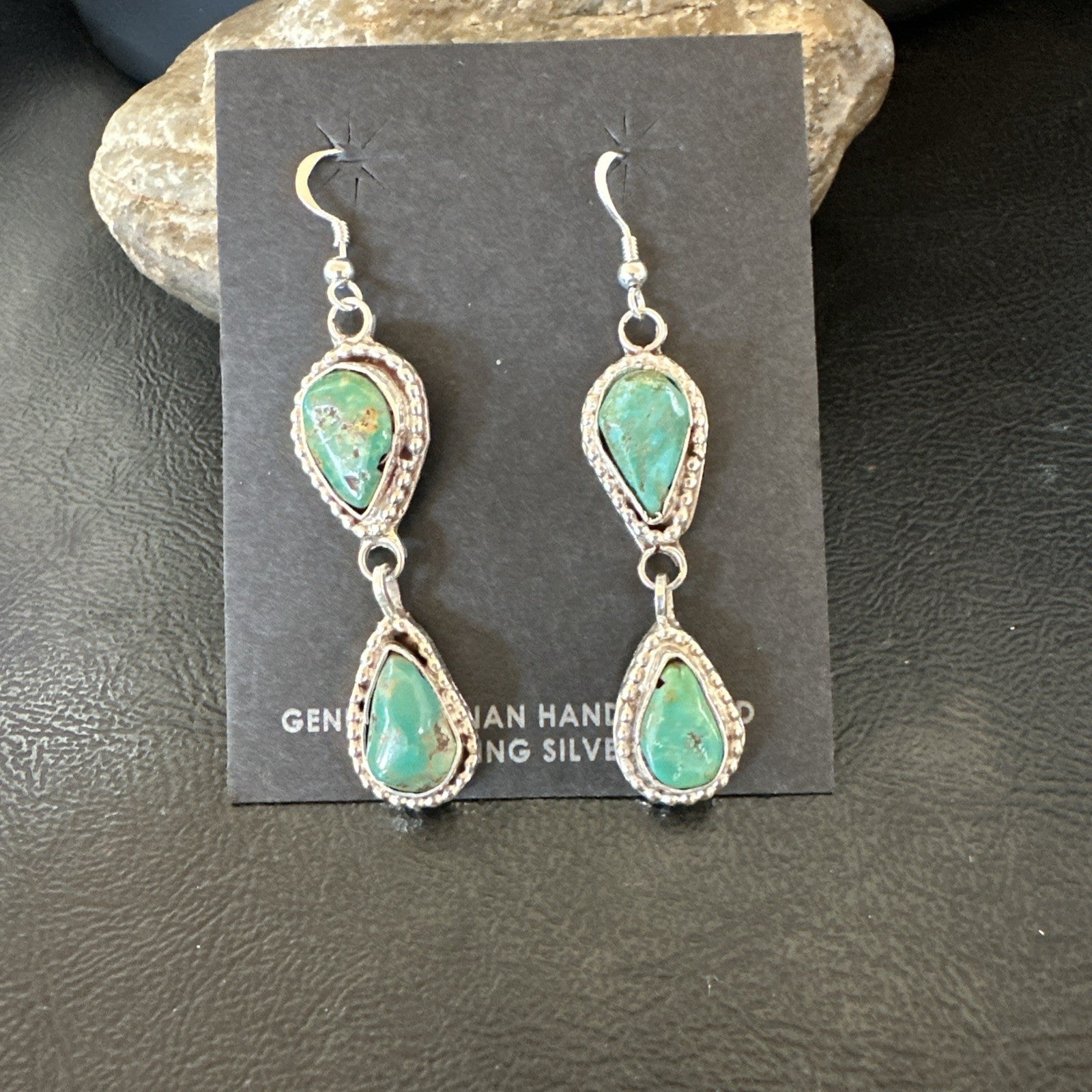 Green Royston Turquoise Navajo Sterling Silver Dangle Earrings 19404