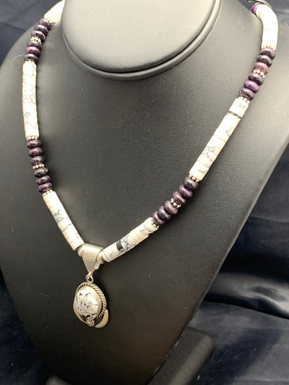 Native  Purple Stone & Howlite Bead Navajo Sterling Silver Necklace 04606