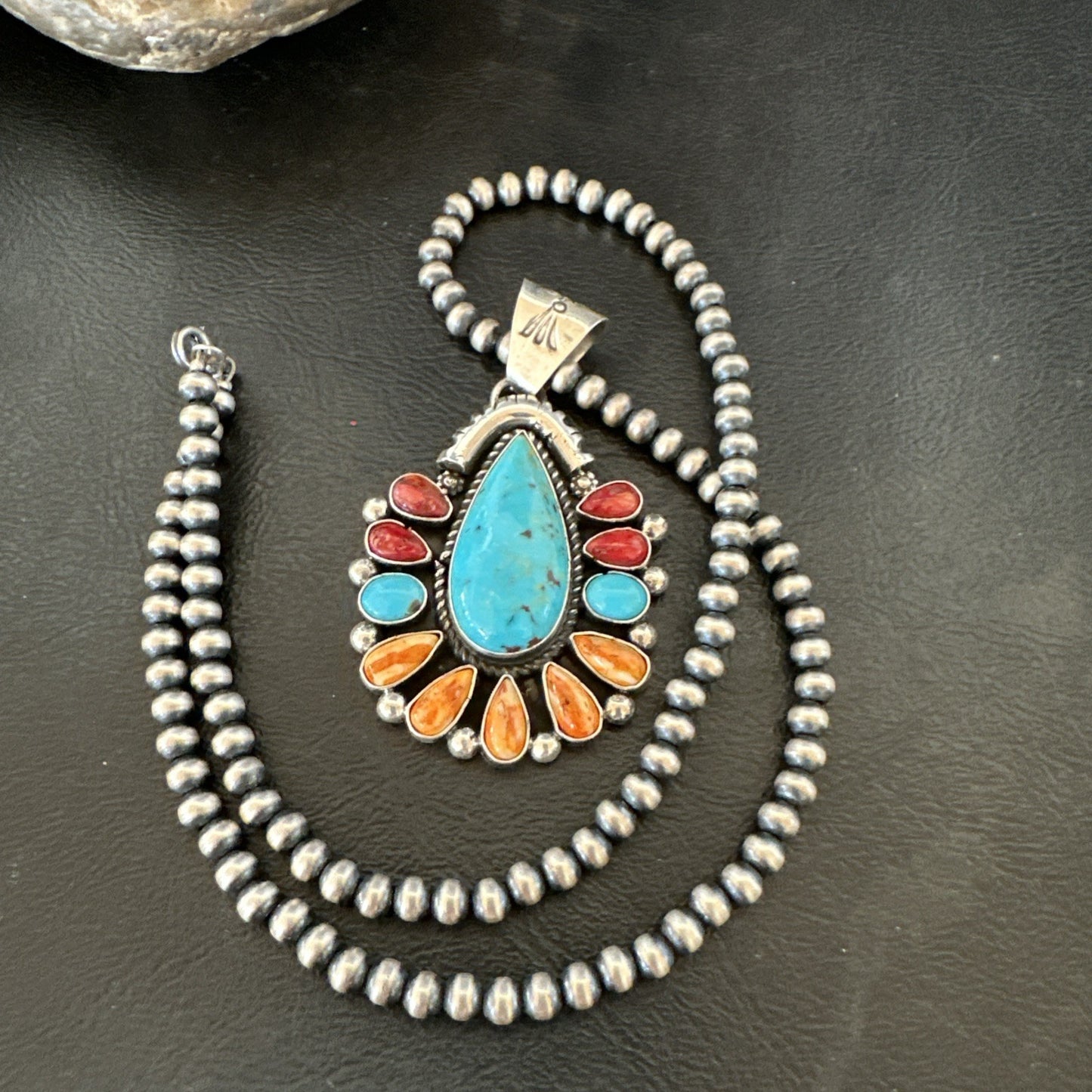 Multicolor Turquoise Spiny Navajo Sterling Silver Cluster Pendant Necklace 19561