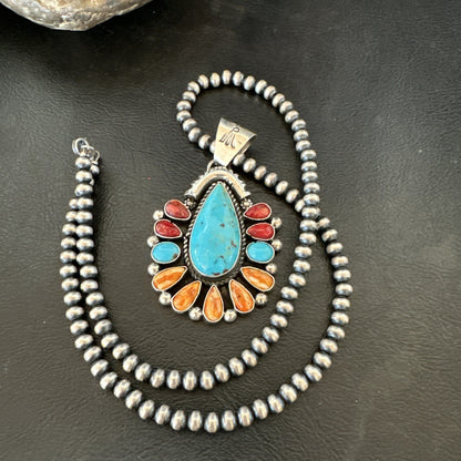 Multicolor Turquoise Spiny Navajo Sterling Silver Cluster Pendant Necklace 19561
