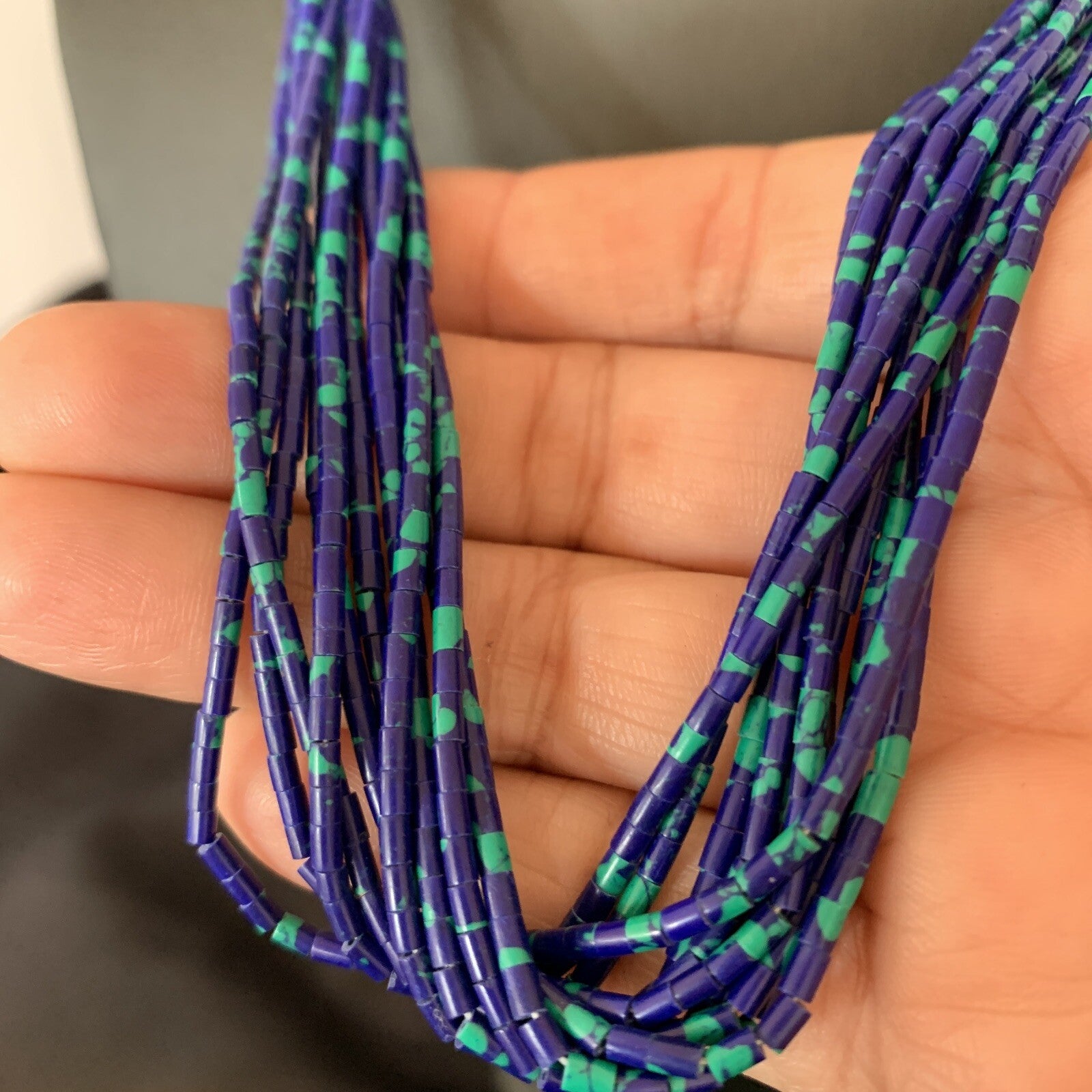 Blue Green Azurite Heishi 10Strand Stabilized Sterling Silver Necklace 20” 10349