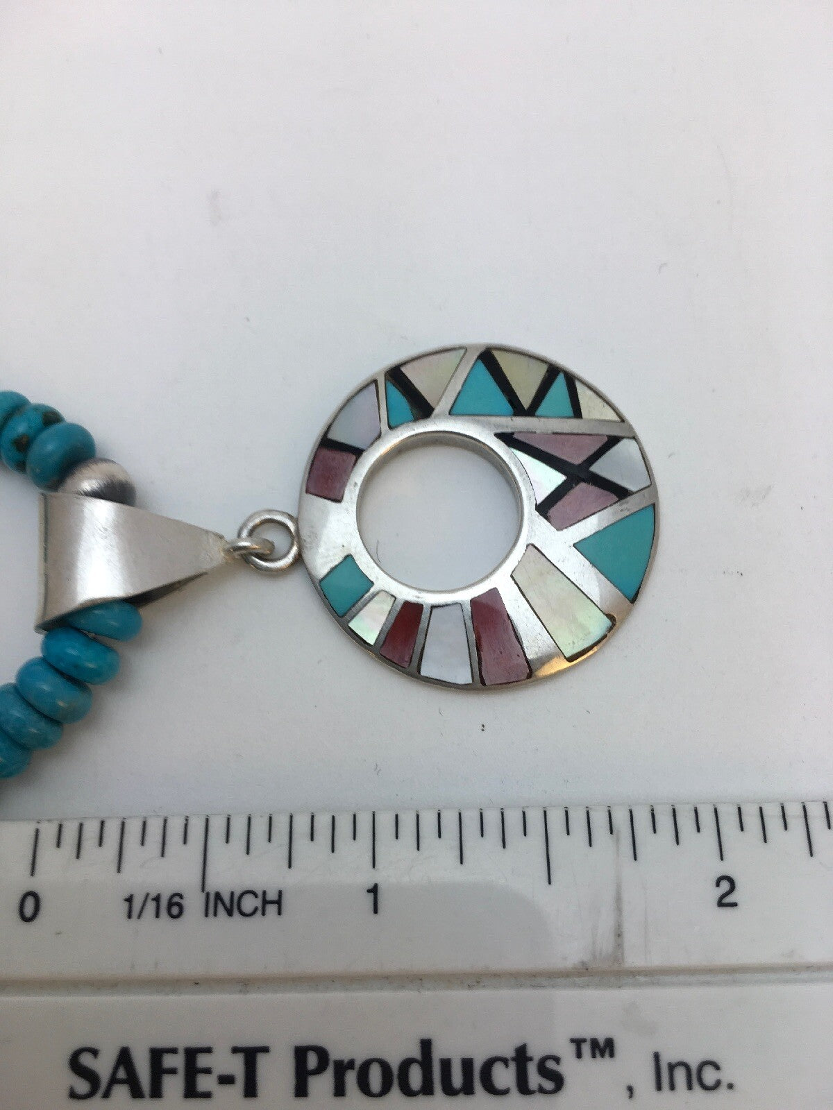 Blue Turquoise Mother Of Pearl Inlay Pendant Sterling Silver Necklace 08902
