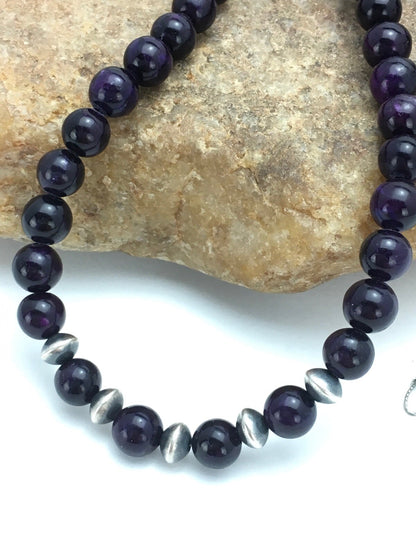 Purple Stone Round Bead Navajo Indian Sterling Silver Necklace 08110