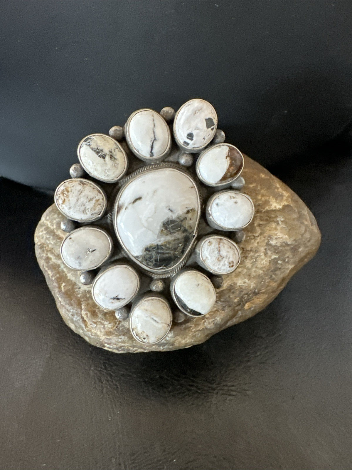 XXL White Buffalo Turquoise Navajo Sterling Silver Cluster Ring Size 8 19275