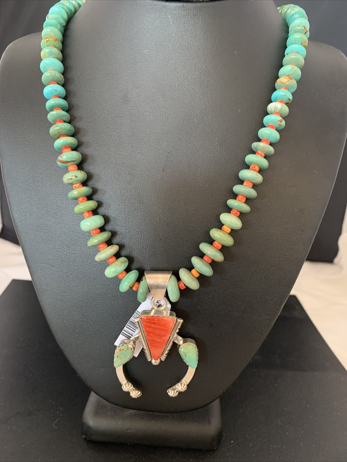 Royston Turquoise & Spiny Oyster Pendant Navajo Sterling Silver Necklace 02042