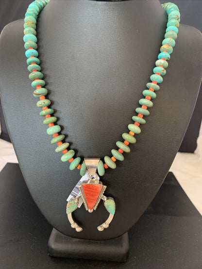 Royston Turquoise & Spiny Oyster Pendant Navajo Sterling Silver Necklace 02042