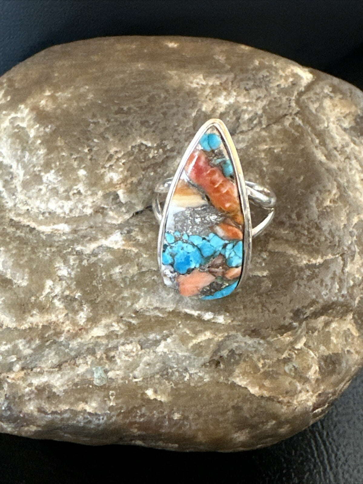 Blue Turquoise Orange Spiny Oyster Navajo Sterling Silver Ring Size 6 18211