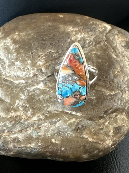 Blue Turquoise Orange Spiny Oyster Navajo Sterling Silver Ring Size 6 18211