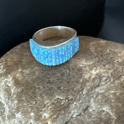 Blue Opal Navajo Sterling Silver Band Inlay Ring Size7 18799