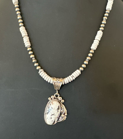White Buffalo Turquoise Pendant Navajo Pearls Sterling Silver Necklace 20” 19498