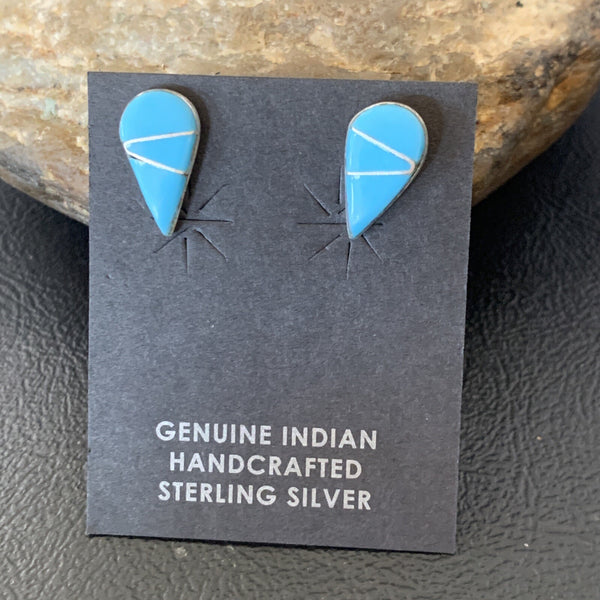 Blue Turquoise Inlay Zuni Dangle Post Earrings 0.5" | Sterling Silver | Authentic Native American Handmade | 12753