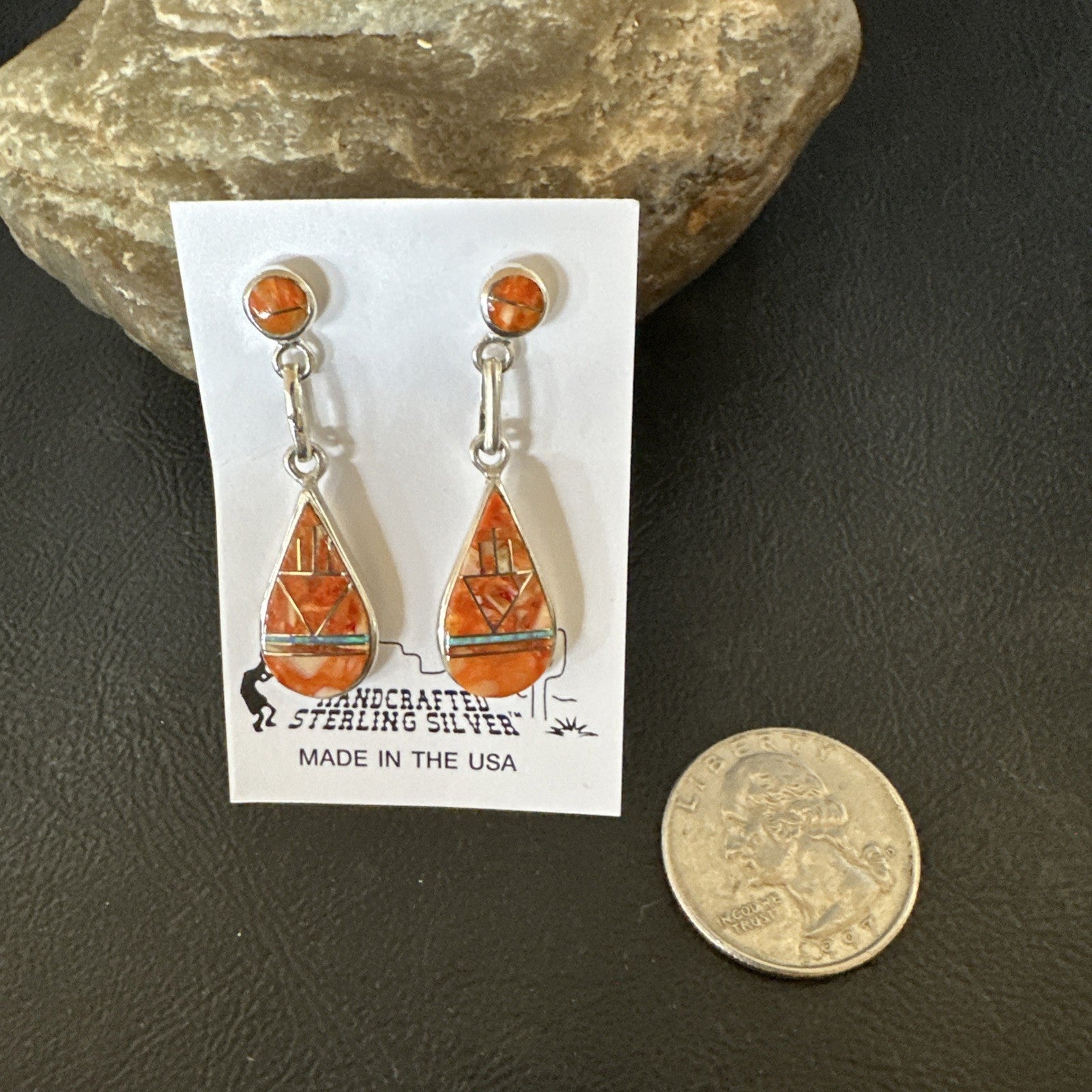 Womens Opal Spiny Oyster Inlay Navajo Sterling Silver Dangle Earrings 19135