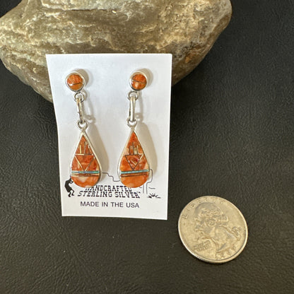 Womens Opal Spiny Oyster Inlay Navajo Sterling Silver Dangle Earrings 19135