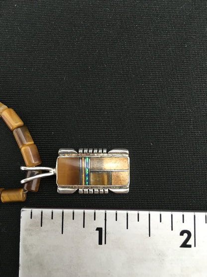Native Tiger's Eye Inlay Pendant Navajo Sterling Silver 21" Necklace 4895