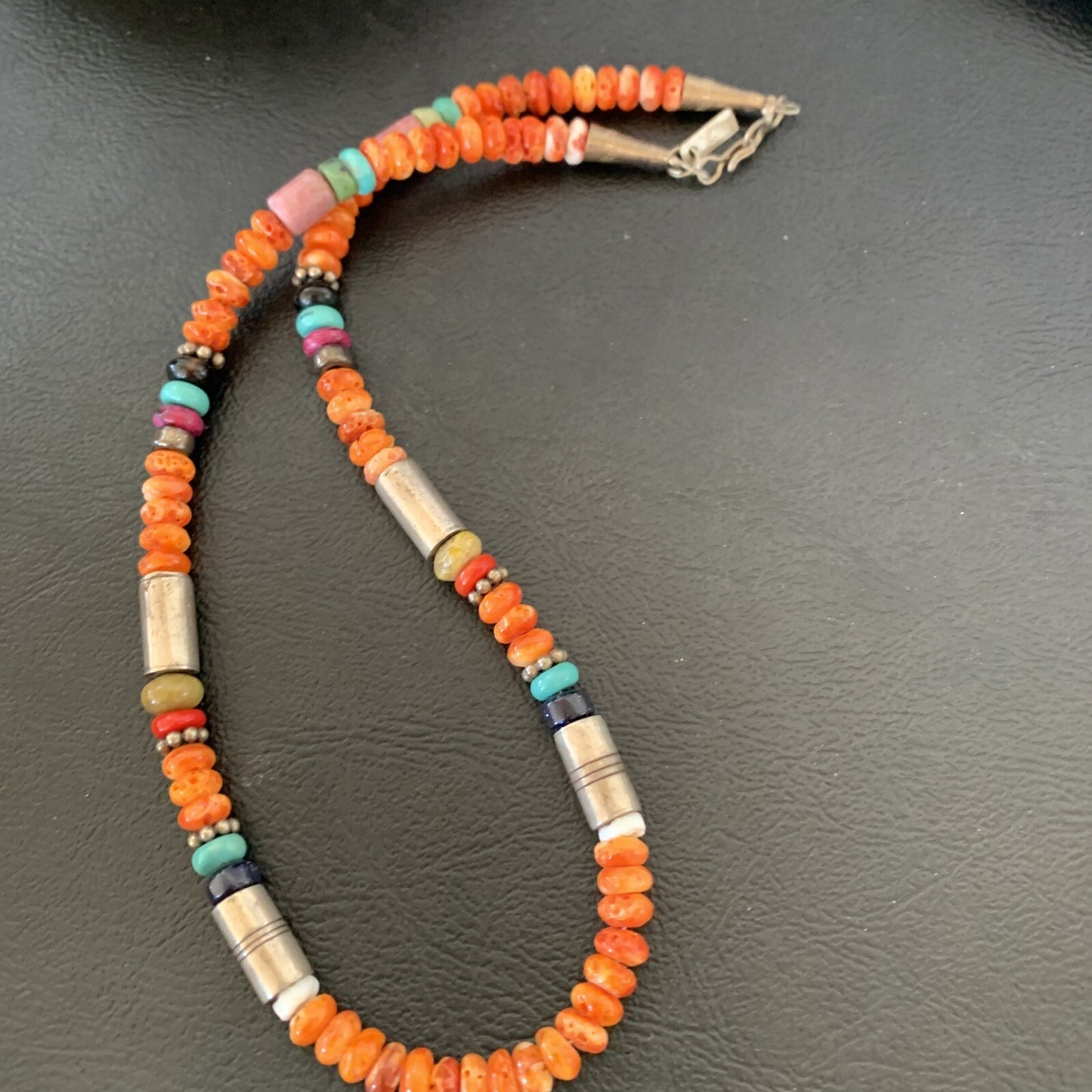 Turquoise Spiny Oyster & Coral Beads Sterling Silver Gold Necklace 10393