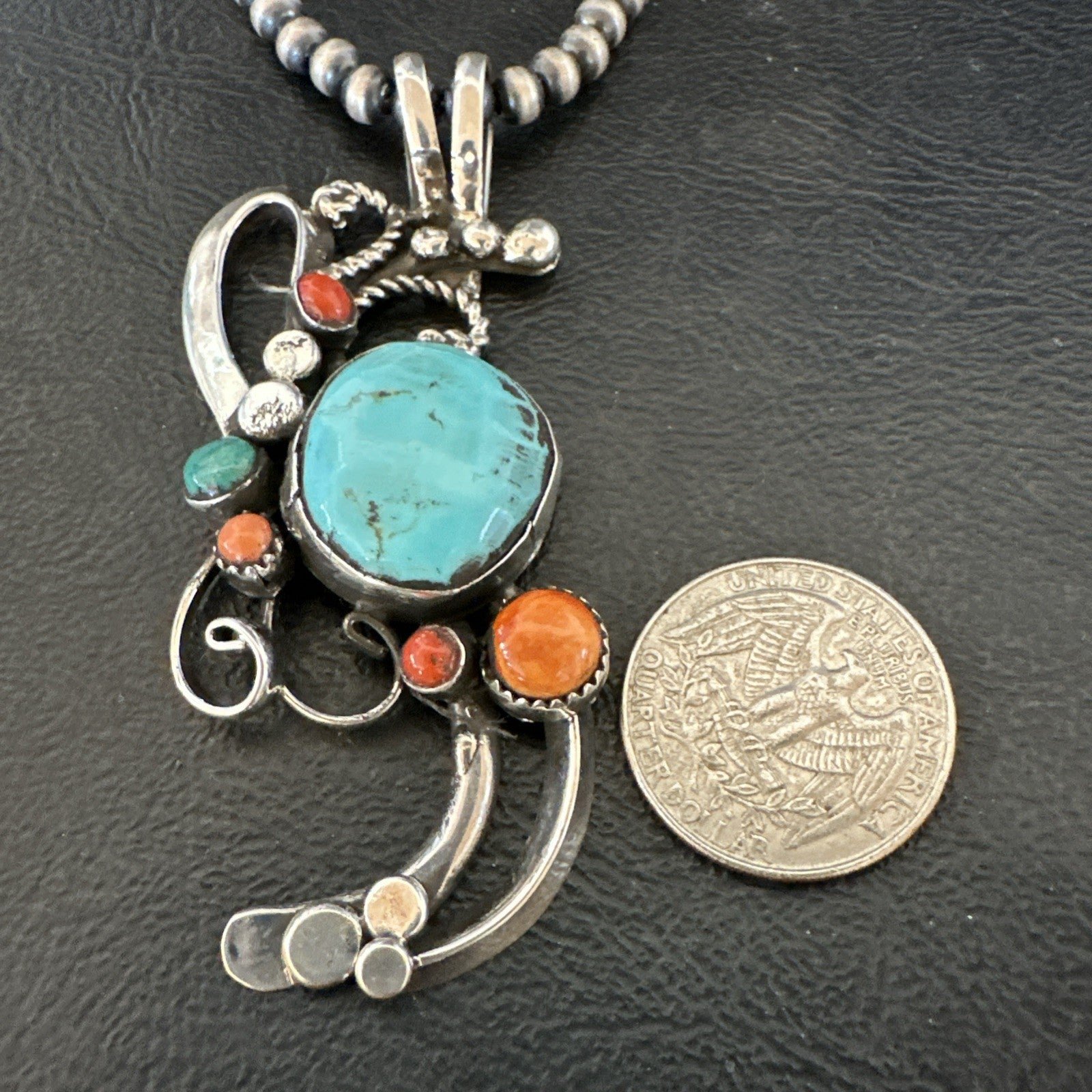 Multicolor Turquoise Spiny Navajo Sterling Silver Cluster Pendant Necklace 19683