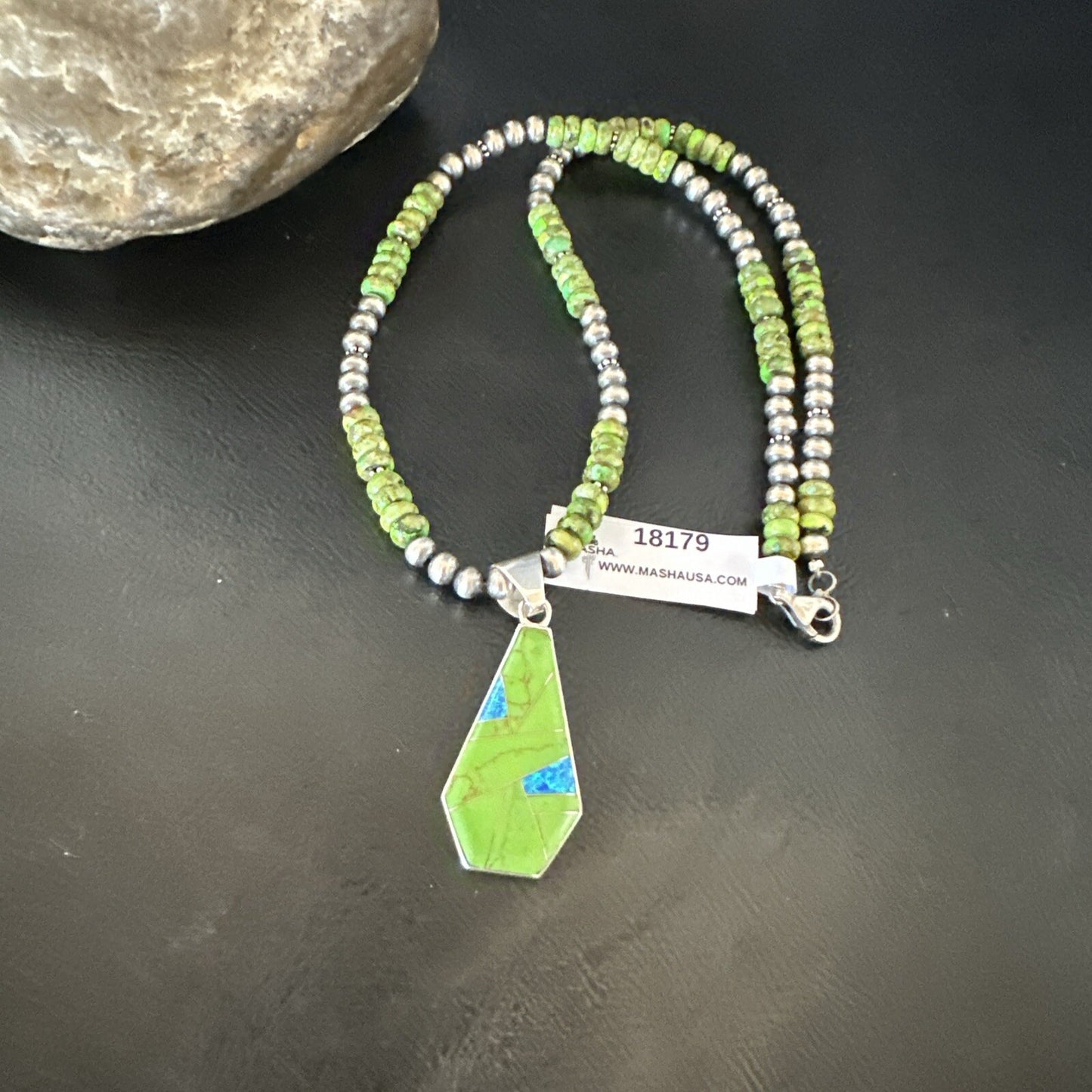 Green Gaspeite & Turquoise Pendant Navajo Pearls Sterling Silver Necklace 18179