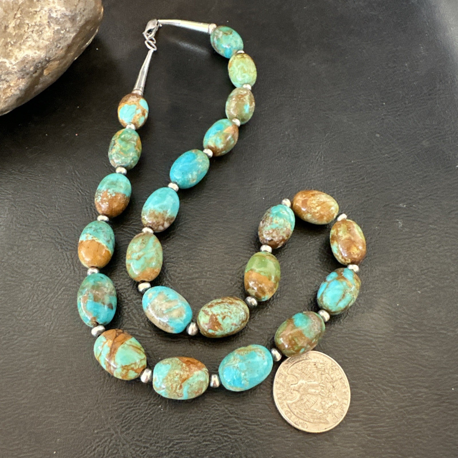 Green Blue Royston Turquoise Navajo Sterling Silver Beads Necklace 20" 19563