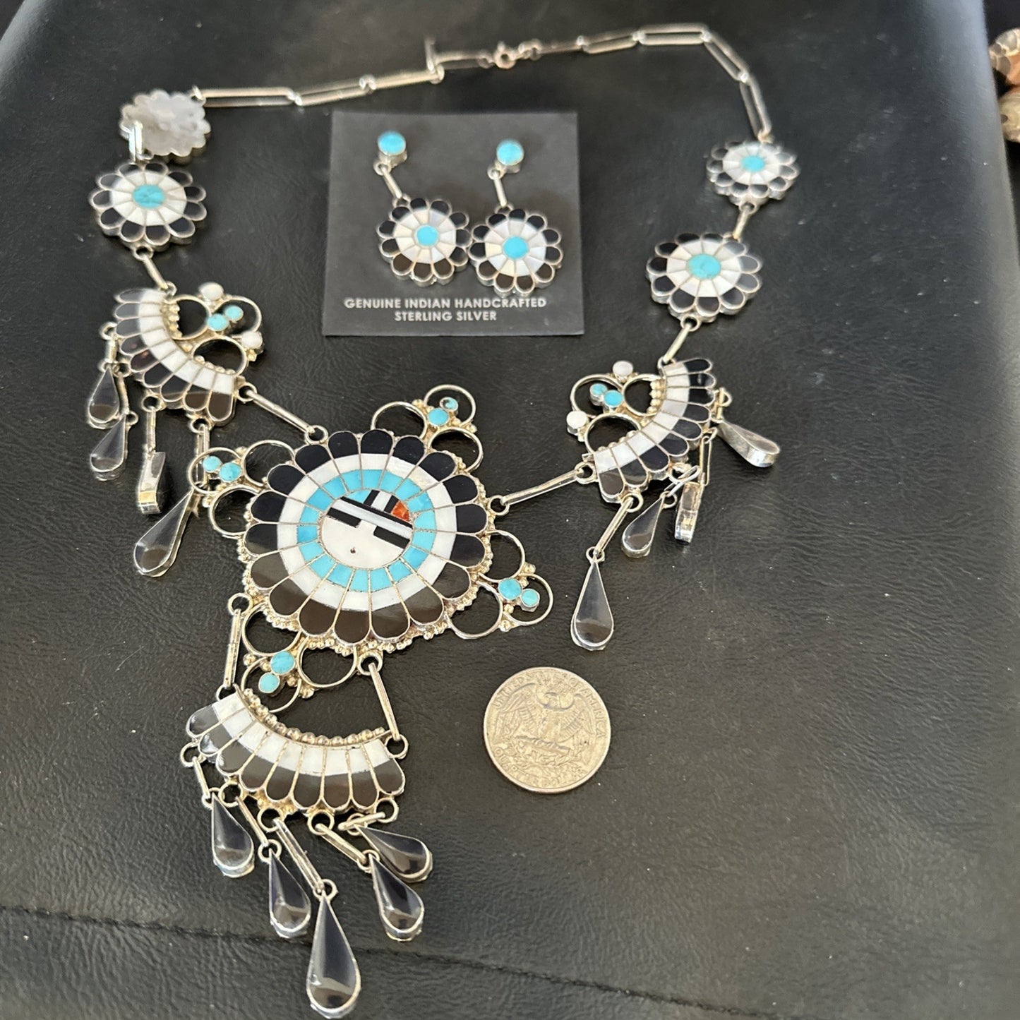 Old Pawn Sunface Turquoise Zuni Sterling Silver Necklace Earrings 19086