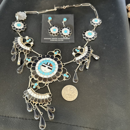 Old Pawn Sunface Turquoise Zuni Sterling Silver Necklace Earrings 19086