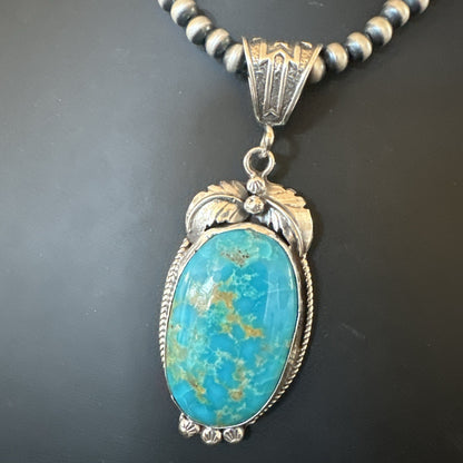 Mens Blue Kingman Turquoise Pendant Navajo Pearls Sterling Silver Necklace 19344