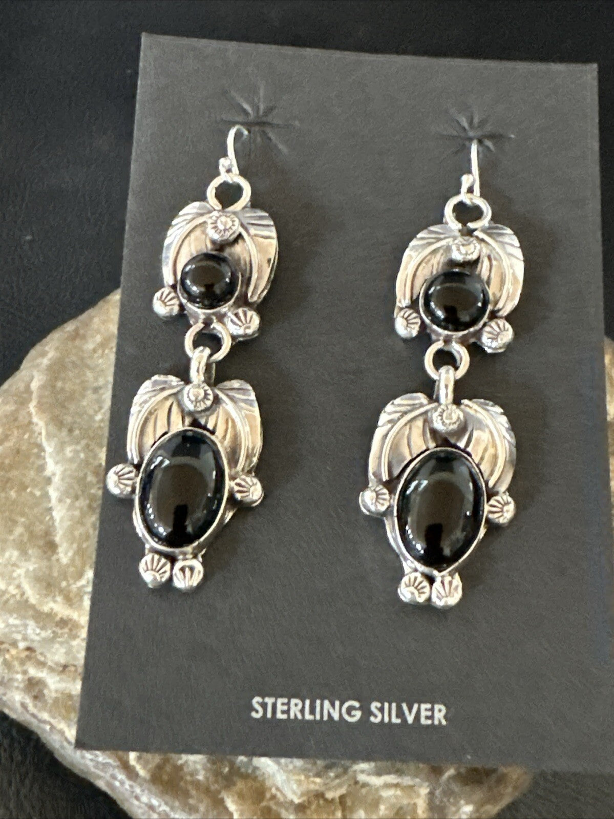 Black Onyx Navajo Sterling Silver Dangle Earrings 1.5" 18285