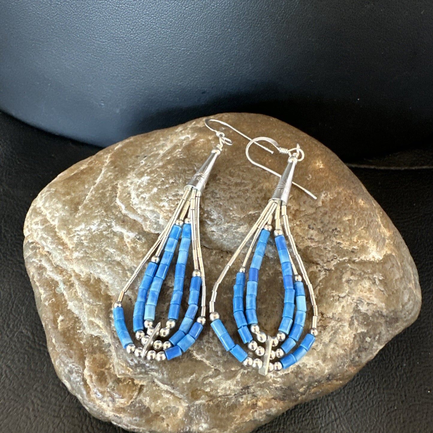 Blue Denim Lapis 3S Heishi Liquid Sterling Silver Dangle Earrings 18098